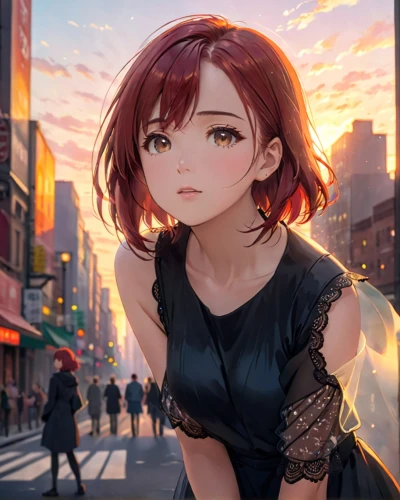 shibuya,sakura background,dusk background,red-haired,japanese sakura background,portrait background,romantic portrait,city ​​portrait,summer evening,sunset,sakura,girl walking away,daybreak,honoka,nora,shibuya crossing,ruby,afterglow,sunset glow,ren,Anime,Anime,Traditional