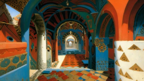 morocco lanterns,morocco,portal,monastery,corridor,murals,majorelle blue,moroccan pattern,inside courtyard,church painting,grotto,riad,moorish,polychrome,hallway,byzantine architecture,marrakesh,mosques,rila monastery,khokhloma painting,Art,Classical Oil Painting,Classical Oil Painting 42