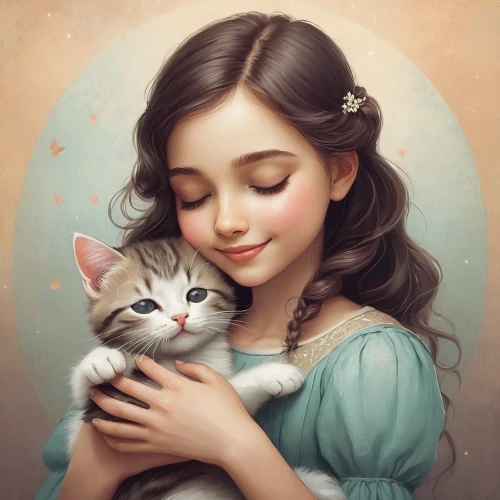 tenderness,romantic portrait,cat lovers,vintage boy and girl,kitten,fantasy portrait,little boy and girl,emile vernon,cute cat,cat love,fairy tale character,little princess,little girl and mother,children's fairy tale,cute cartoon image,fantasy picture,child portrait,kittens,fairy tale,mystical portrait of a girl