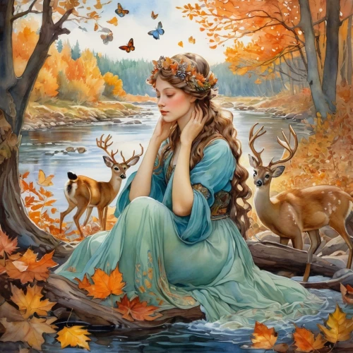 autumn idyll,fantasy picture,autumn background,faerie,fairy tale character,water nymph,faery,the autumn,autumn icon,fantasy portrait,fairy tale,a fairy tale,emile vernon,autumn landscape,autumn theme,fairytale,in the autumn,fantasy art,fawn,enchanting,Illustration,American Style,American Style 11