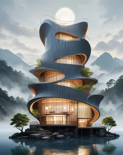 chinese architecture,floating island,asian architecture,futuristic architecture,japanese architecture,floating islands,tree house hotel,eco hotel,cube stilt houses,sky space concept,guizhou,modern architecture,tree house,golden pavilion,stilt houses,stilt house,island suspended,floating huts,futuristic landscape,danyang eight scenic
