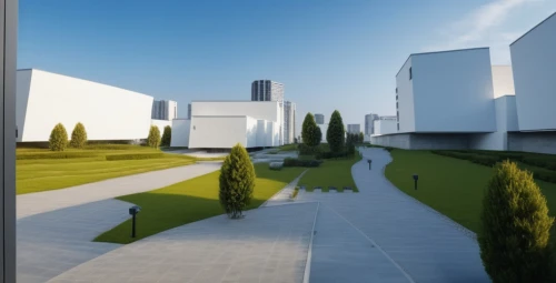 futuristic art museum,3d rendering,autostadt wolfsburg,sky space concept,render,modern architecture,school design,white buildings,futuristic architecture,archidaily,3d rendered,virtual landscape,urban design,kirrarchitecture,industrial landscape,walkway,corten steel,concrete plant,solar cell base,concrete slabs,Photography,General,Realistic