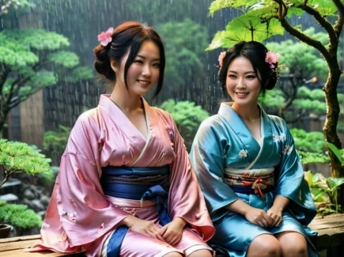 kimjongilia,beautiful girls with katana,korean folk village,korean culture,hanbok,japanese umbrellas,jinrikisha,two girls,asian umbrella,japanese culture,kimchijeon,japanese background,cherry blossom in the rain,hanok,korean village snow,mukimono,asian culture,korean history,anime japanese clothing,hyang garden