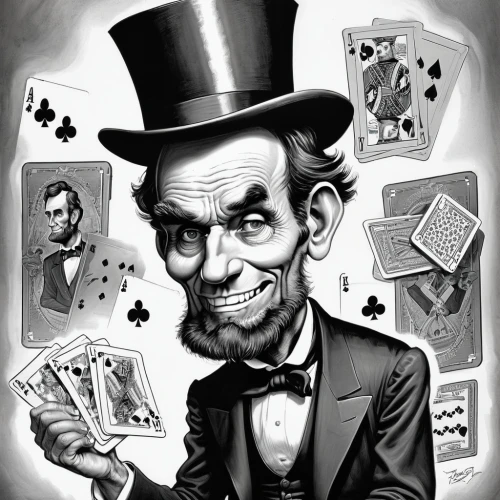 abraham lincoln,lincoln cosmopolitan,caricaturist,magician,lincoln,suit of spades,gambler,caricature,ringmaster,playing card,abe,poker,stan laurel,lincoln custom,game illustration,dice poker,play cards,playing cards,blackjack,poker set,Illustration,Abstract Fantasy,Abstract Fantasy 23