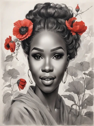 rose flower illustration,rose flower drawing,nigeria woman,camellias,oil painting on canvas,african woman,camellia,maria bayo,romantic portrait,camelliers,lira,pencil drawing,flower girl,linden blossom,rose drawing,rose png,red roses,digital painting,flower painting,fantasy portrait,Digital Art,Ink Drawing
