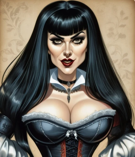 vampire woman,vampire lady,gothic woman,tura satana,queen of hearts,gothic portrait,vampira,fantasy woman,corset,widow,evil woman,goth woman,sorceress,harley,huntress,widow spider,femme fatale,bodice,fantasy portrait,the enchantress,Illustration,Abstract Fantasy,Abstract Fantasy 23