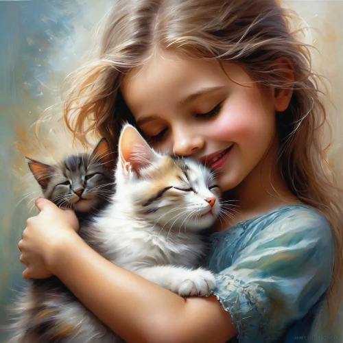 tenderness,cat lovers,little boy and girl,cat love,little girls,romantic portrait,childs,affection,cute cat,little angels,vintage boy and girl,sweetness,children's background,little girl and mother,oil painting on canvas,oil painting,innocence,kittens,the sweetness,children,Conceptual Art,Daily,Daily 32