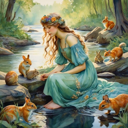 water nymph,the blonde in the river,fantasy picture,girl on the river,rusalka,woman at the well,fae,faery,faerie,fantasy art,ritriver and the cat,fantasia,fairy tale character,fairy tale,a fairy tale,emile vernon,children's fairy tale,cinderella,fantasy portrait,merida,Illustration,American Style,American Style 11