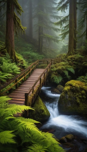 wooden bridge,log bridge,wooden path,forest path,hiking path,the mystical path,forest landscape,pathway,winding steps,fairytale forest,scenic bridge,germany forest,walkway,flooded pathway,coniferous forest,spruce forest,tree top path,mountain stream,green forest,wooden track,Illustration,Japanese style,Japanese Style 13