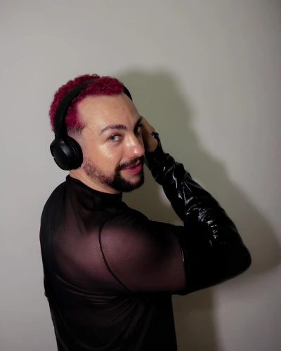 streampunk,man in pink,dj,wireless headset,hotline,headset,telephone,on the phone,man talking on the phone,phone call,make a phone call,ganmodoki,alpha era,alpha,controller jay,pink hair,pink leather,podcast,spice up,dark pink