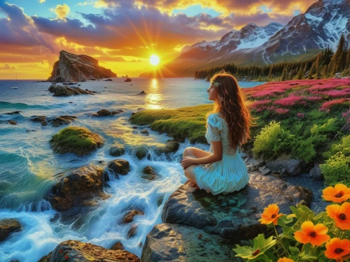 fantasy picture,landscape background,colorful background,beautiful landscape,world digital painting,creative background,beauty in nature,landscapes beautiful,splendid colors,sun and sea,background view nature,splendor of flowers,full hd wallpaper,background colorful,mermaid background,fantasy art,sea of flowers,sea landscape,nature love,nature landscape,Photography,General,Realistic