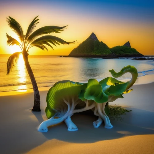 tropical animals,triceratops,luau,landmannahellir,jurassic,beach scenery,sand art,beach landscape,cape verde island,elephantine,hawaii,whimsical animals,green animals,galapagos islands,schleich,fantasy picture,green iguana,moorea,pachyderm,blue elephant,Photography,General,Realistic