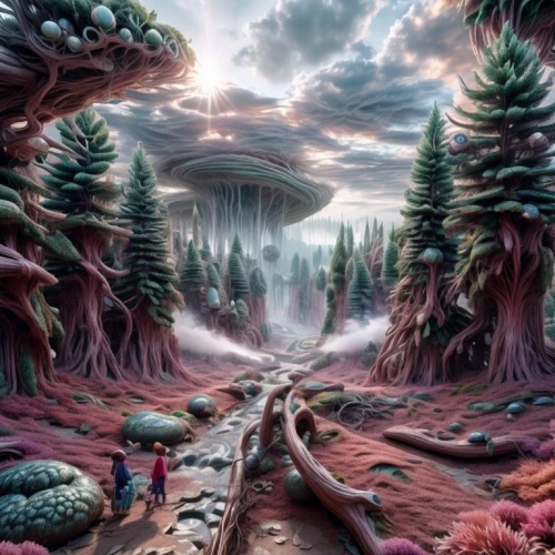 mushroom landscape,fantasy landscape,fantasy picture,alien world,futuristic landscape,3d fantasy,alien planet,fantasy art,forest landscape,virtual landscape,spruce forest,volcanic landscape,forest of dreams,world digital painting,acid lake,cartoon video game background,coniferous forest,swampy landscape,salt meadow landscape,nature landscape