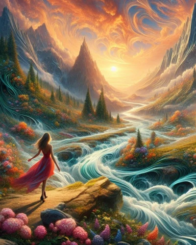 fantasy landscape,fantasy picture,fantasy art,world digital painting,landscape background,the mystical path,river landscape,dream world,3d fantasy,flowing water,rapids,mountain stream,oil painting on canvas,flow of time,mountain scene,high landscape,children's background,the spirit of the mountains,mountain river,mountain world