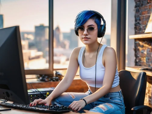 girl at the computer,women in technology,computer freak,blue hair,computer addiction,blur office background,girl sitting,computer business,girl studying,computer desk,online support,lan,computer program,work from home,anime girl,desktop support,computer code,computer,the community manager,pc,Photography,General,Natural