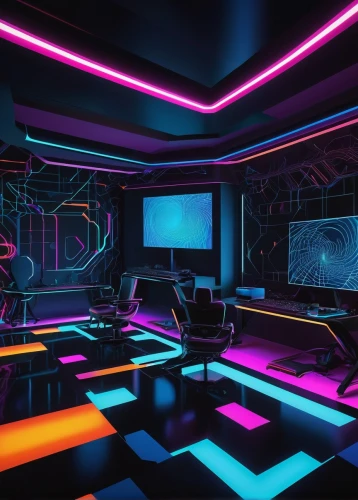 nightclub,ufo interior,game room,80's design,3d background,computer room,3d render,neon light,cinema 4d,neon coffee,neon lights,sci fi surgery room,neon,conference room,cyberspace,disco,80s,3d rendering,sound space,playing room,Illustration,Vector,Vector 09