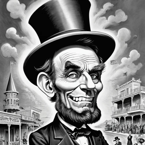 abraham lincoln,lincoln,caricaturist,lincoln custom,lincoln cosmopolitan,ringmaster,caricature,victorian,abe,john day,stovepipe hat,walt,deadwood,magic castle,disneyland park,lincoln blackwood,black hat,top hat,victorian style,the victorian era,Illustration,Abstract Fantasy,Abstract Fantasy 23