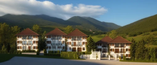 eco hotel,alpine village,building valley,apartment complex,boutique hotel,mountain settlement,mountain village,bendemeer estates,resort town,house in the mountains,vail,many glacier hotel,hotel complex,aurora village,ski resort,apartment buildings,luxury hotel,townhouses,escher village,apartment building,Photography,General,Realistic