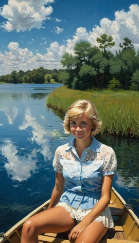 girl on the boat,girl on the river,the blonde in the river,girl with cereal bowl,heidi country,girl with bread-and-butter,boat landscape,rowing dolle,girl in a long,rowboats,girl sitting,canoeing,rowboat,paddler,girl with a wheel,idyllic,girl lying on the grass,canoe,blonde woman reading a newspaper,row-boat,Illustration,Realistic Fantasy,Realistic Fantasy 03