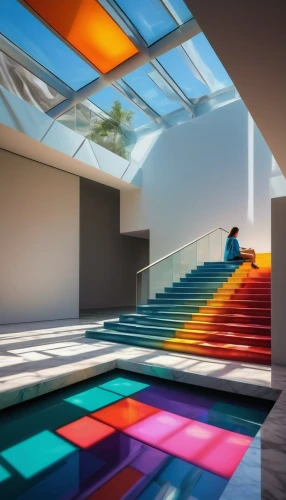 colorful glass,glass tiles,interior modern design,glass roof,rainbow color palette,interior design,daylighting,colorful light,skylight,color wall,futuristic art museum,modern decor,contemporary decor,glass wall,glass blocks,hallway space,harmony of color,color fields,modern room,cube house,Conceptual Art,Fantasy,Fantasy 21