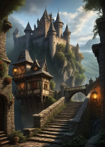 fairy tale castle,fantasy landscape,medieval architecture,mountain settlement,knight village,medieval castle,castle of the corvin,knight's castle,medieval town,fairytale castle,castel,dracula castle,fantasy picture,3d fantasy,medieval,alpine village,fantasy art,castleguard,meteora,castle,Illustration,Black and White,Black and White 23