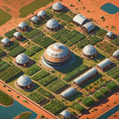 sossusvlei,solar cell base,heavy water factory,roof domes,development concept,terraforming,biome,aquaculture,oasis,farmlands,industrial area,mining facility,artificial island,artificial islands,eco-construction,wastewater treatment,apiarium,sewage treatment plant,nuclear power plant,farms,Illustration,Vector,Vector 05