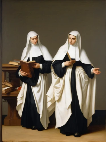 nuns,carmelite order,monks,clergy,pilgrims,contemporary witnesses,benedictine,carthusian,young couple,preachers,santons,gothic portrait,parchment,two girls,bellini,hands holding plate,candlemas,holbein,the annunciation,paintings,Art,Classical Oil Painting,Classical Oil Painting 05