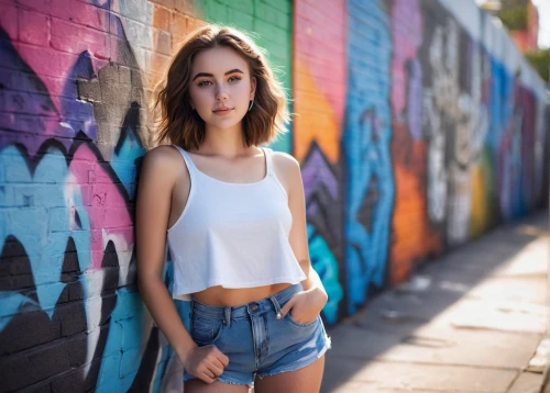 girl in t-shirt,colorful background,jeans background,white shirt,girl in overalls,cotton top,concrete background,jean shorts,beautiful young woman,brick wall background,portrait photography,portrait background,on the street,red wall,women clothes,crop top,pretty young woman,denim background,female model,denim skirt,Photography,Documentary Photography,Documentary Photography 18