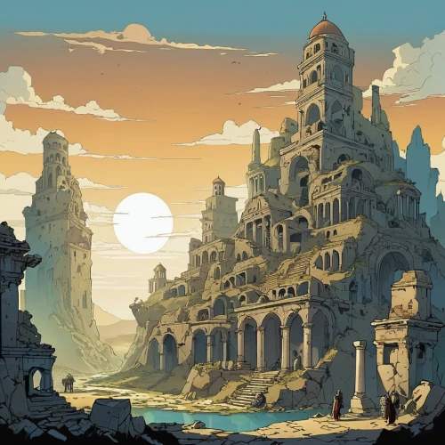 ancient city,stone palace,ruins,ancient buildings,ruin,ancient,citadel,the ancient world,the ruins of the,atlantis,fantasy landscape,imperial shores,ancient house,lunar landscape,ruined castle,fantasy city,monastery,gold castle,fantasy world,acropolis,Illustration,Children,Children 04