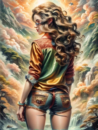 fantasy art,world digital painting,tidal wave,bodypaint,jean shorts,jean jacket,surfer hair,psychedelic art,the blonde in the river,ronda,fantasy picture,bodypainting,surfer,sea storm,the wind from the sea,waves,aquaman,retro woman,jeans background,art painting