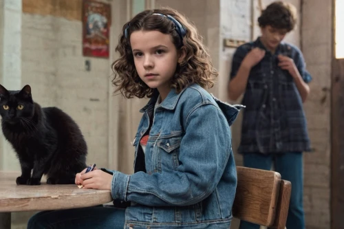 eleven,kit,girl in overalls,jean jacket,vintage boy and girl,denim jacket,clementine,kit-kat,denim,kat,young cat,the girl at the station,overalls,nora,kit kat,hushpuppy,katz,dizi,the cat,two cats,Illustration,Realistic Fantasy,Realistic Fantasy 43
