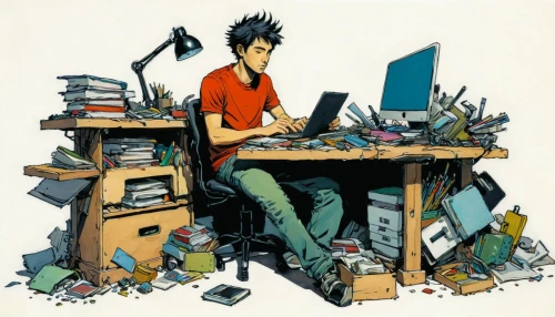 man with a computer,electronic waste,computer addiction,internet addiction,sakana,computer freak,computer,clutter,freelancer,scrap collector,workspace,computer icon,computer desk,digitizing ebook,in a working environment,computer workstation,hardware programmer,working space,animator,freelance,Conceptual Art,Fantasy,Fantasy 08