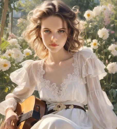 guitar,enchanting,lily-rose melody depp,country dress,romantic look,playing the guitar,acoustic,porcelain doll,beautiful girl with flowers,jessamine,delicate,flower girl,angelic,vanity fair,white roses,acoustic guitar,romantic portrait,floral,white beauty,girl in flowers,Digital Art,Character Design