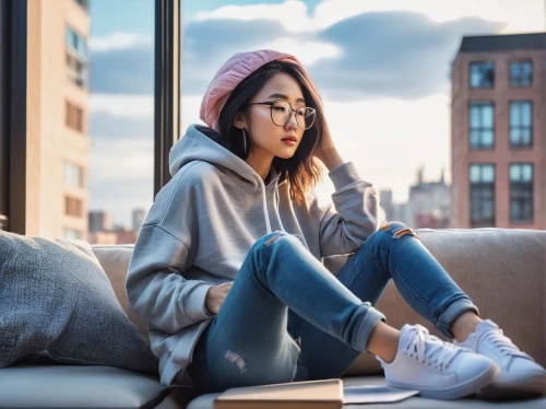 girl sitting,girl in a long,girl studying,on the roof,yuri,relaxed young girl,hoodie,girl with speech bubble,woman sitting,with glasses,portrait background,asian woman,phuquy,window sill,asian girl,thinking,woman thinking,city ​​portrait,sky apartment,sitting,Illustration,Japanese style,Japanese Style 21