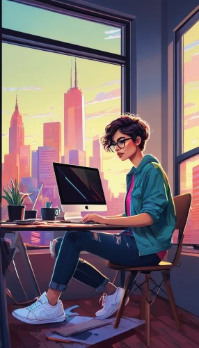 girl at the computer,girl studying,digital nomads,freelancer,working space,blur office background,man with a computer,modern office,work from home,remote work,desk,computer addiction,study room,world digital painting,sci fiction illustration,work at home,desk top,women in technology,computer desk,office worker,Art,Artistic Painting,Artistic Painting 49