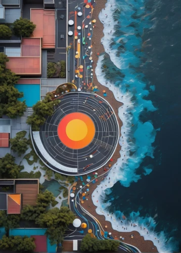 volcano pool,bondi,seaside resort,tamarama,jeju,bondi beach,koi pond,tide pool,honolulu,lava flow,lava,orange bay,futuristic landscape,helipad,santa cruz,japanese zen garden,artificial island,jeju island,la palma,paved square,Illustration,Realistic Fantasy,Realistic Fantasy 24