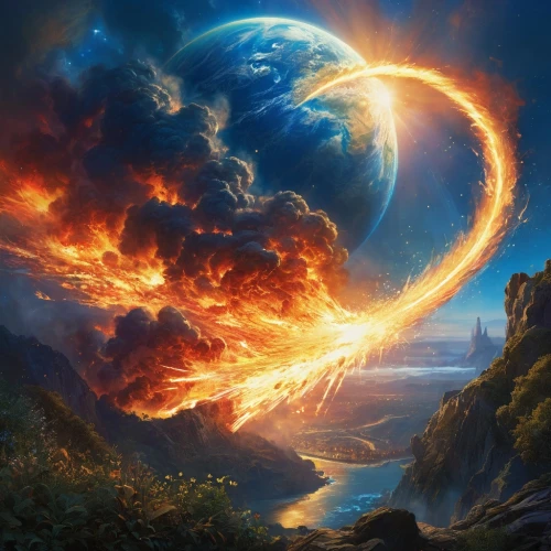 fantasy landscape,fantasy picture,fire planet,fantasy art,burning earth,space art,fire background,firmament,world digital painting,dragon fire,celestial bodies,terraforming,phase of the moon,scorched earth,celestial phenomenon,planet eart,alien planet,fantasy world,the end of the world,full hd wallpaper,Conceptual Art,Fantasy,Fantasy 05