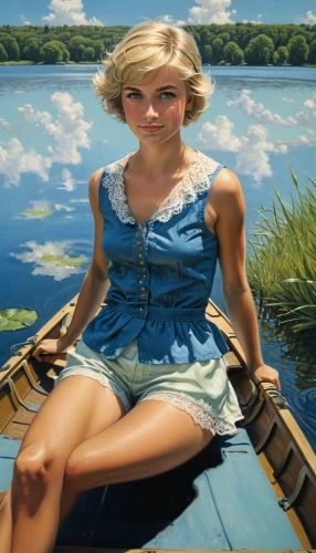 girl on the boat,the blonde in the river,girl on the river,heidi country,rowing dolle,girl in a long,perched on a log,girl with bread-and-butter,painting technique,blonde woman,dulcimer,boat landscape,pin-up girl,canoe,paddler,girl sitting,world digital painting,girl with a wheel,rowboat,wooden boat,Illustration,Realistic Fantasy,Realistic Fantasy 03