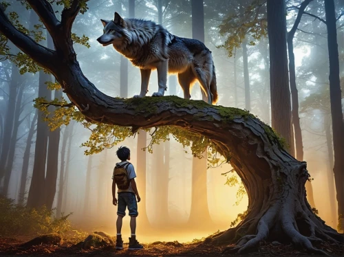 boy and dog,howl,fantasy picture,mowgli,two wolves,wolves,laika,forest animals,the girl next to the tree,howling wolf,ninebark,human and animal,girl with dog,world digital painting,girl with tree,woodland animals,forest animal,sci fiction illustration,companion dog,fantasy art,Photography,Documentary Photography,Documentary Photography 32