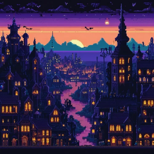 fantasy city,halloween background,houses silhouette,halloween wallpaper,dusk,dusk background,aurora village,witch's house,cityscape,house silhouette,knight's castle,knight village,ghost castle,haunted castle,haunted cathedral,city skyline,pixel art,victorian,city at night,evening city,Unique,Pixel,Pixel 01