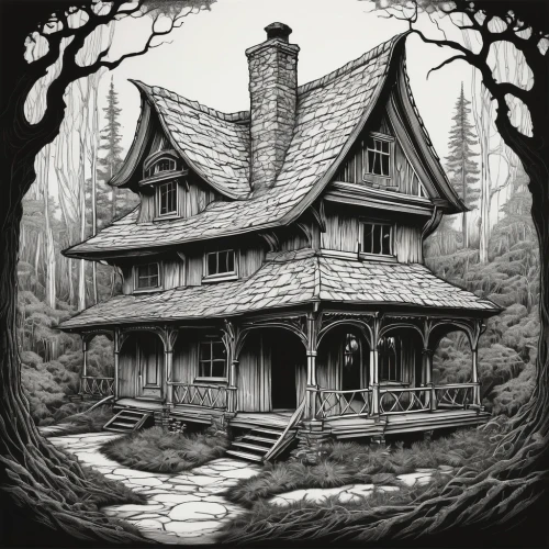 witch's house,witch house,crooked house,creepy house,the haunted house,house in the forest,haunted house,house drawing,cottage,house silhouette,old home,ancient house,old house,victorian house,lonely house,little house,wooden house,victorian,tree house,halloween illustration,Illustration,Black and White,Black and White 01