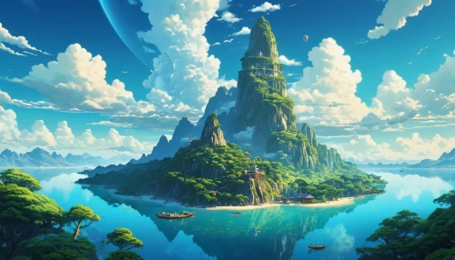 fantasy landscape,mushroom island,an island far away landscape,mushroom landscape,fantasy world,mountain world,futuristic landscape,3d fantasy,floating island,fairy world,floating islands,landscape background,high landscape,mountainous landscape,flying island,fantasy picture,islands,bird kingdom,cartoon video game background,fairy chimney,Photography,General,Realistic