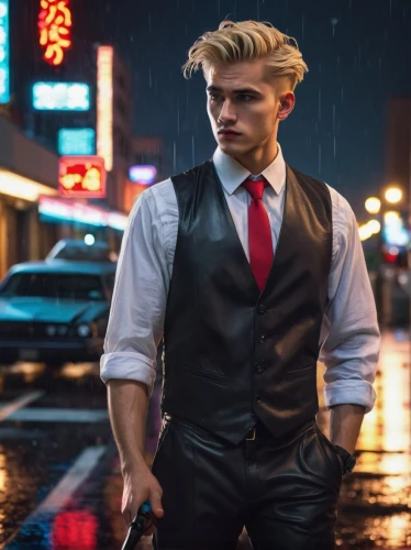 suit actor,man with umbrella,dark suit,the suit,men's suit,businessman,business man,formal guy,suit,rainmaker,white-collar worker,a black man on a suit,walking in the rain,cosplay image,cyberpunk,cool blonde,man's fashion,ken,male character,red tie,Illustration,Japanese style,Japanese Style 15