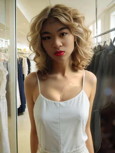 see-through clothing,short blond hair,girl in white dress,strapless dress,dress shop,vintage asian,mannequin,white dress,blonde woman,realdoll,asian woman,doll looking in mirror,model doll,blonde in wedding dress,model beauty,nice dress,dahlia white-green,vintage angel,shoulder length,fashion doll,Female,Australians,Wavy,Youth adult,M,Meditation,Women's Wear,Indoor,Boutique Space