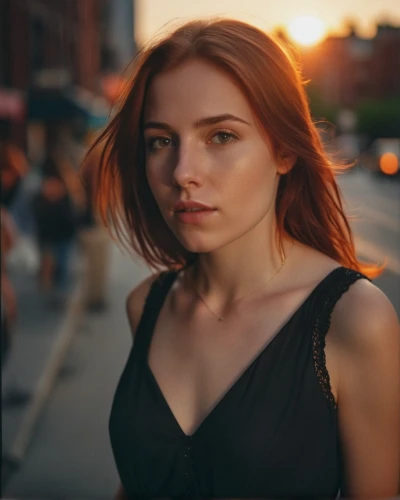 young woman,sunset glow,girl portrait,woman portrait,redheads,pretty young woman,beautiful young woman,girl in t-shirt,red head,girl walking away,fiery,redhair,girl in a long,nora,bokeh,sofia,girl in a long dress,portrait of a girl,on the street,burning hair,Photography,General,Cinematic