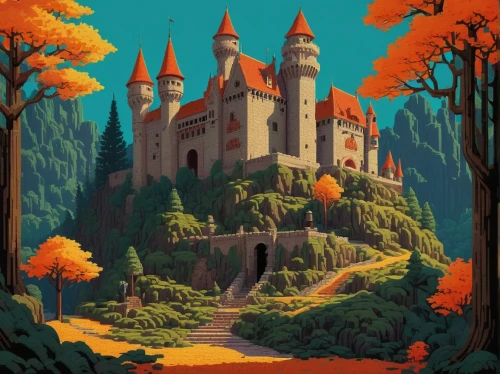 fairy tale castle,knight's castle,fairytale castle,castle,medieval castle,gold castle,castle of the corvin,castel,dracula castle,transylvania,monastery,bethlen castle,summit castle,bastei,old castle,house in the forest,oktoberfest background,neuschwanstein,castle ruins,witch's house,Illustration,Retro,Retro 15