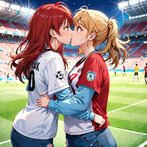 girl kiss,making out,world cup,two girls,women's football,hiyayakko,red and blue,kissing,red card,soccer field,soccer,cheek kissing,fifa 2018,girlfriends,kiss,kimjongilia,passion,supporting one another,love live,smooch,Anime,Anime,Realistic