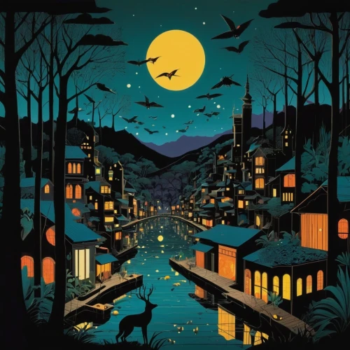 halloween illustration,night scene,halloween poster,halloween background,halloween wallpaper,kyoto,arashiyama,studio ghibli,halloween scene,digital illustration,mid-autumn festival,travel poster,game illustration,villagers,halloween border,cd cover,shirakawa-go,kanazawa,moonlit night,halloween vector character,Illustration,Vector,Vector 13