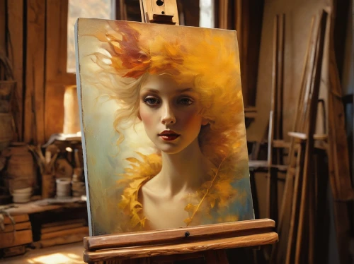 italian painter,mystical portrait of a girl,oil painting,fantasy portrait,photo painting,art painting,painter doll,painting technique,transistor,fantasy art,glass painting,oil paint,gold paint strokes,meticulous painting,artist brush,artist portrait,oil painting on canvas,easel,painter,painted lady,Illustration,Realistic Fantasy,Realistic Fantasy 14