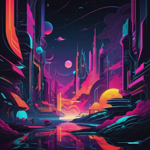 futuristic landscape,abstract retro,vast,space art,80's design,vapor,alien world,scifi,abstract design,space,alien planet,neon arrows,neon ghosts,futuristic,panoramical,abstract background,background abstract,gradient effect,sci-fi,sci - fi,Illustration,Vector,Vector 06